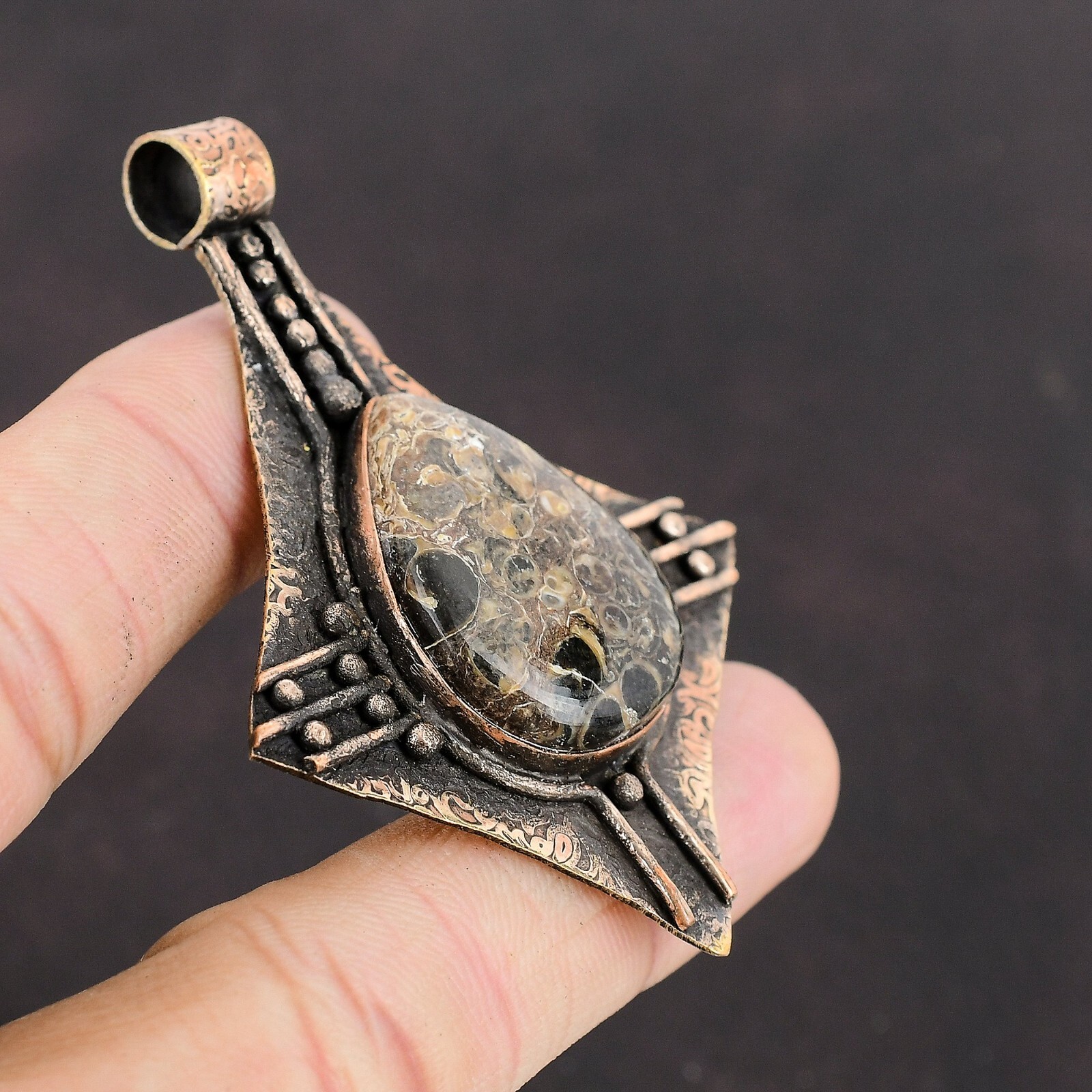 Valentines Deal Copper Pear Turritella Agate Stone Mother Bezel Pendant Jewelry
