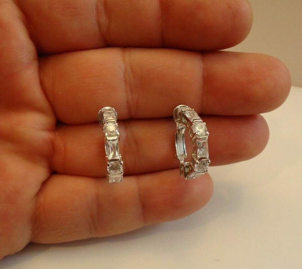 FRENCH CLIP HUGGIE EARRINGS W/ LAB DIAMONDS / 925 STERLING SILVER /24MM BY 5MM