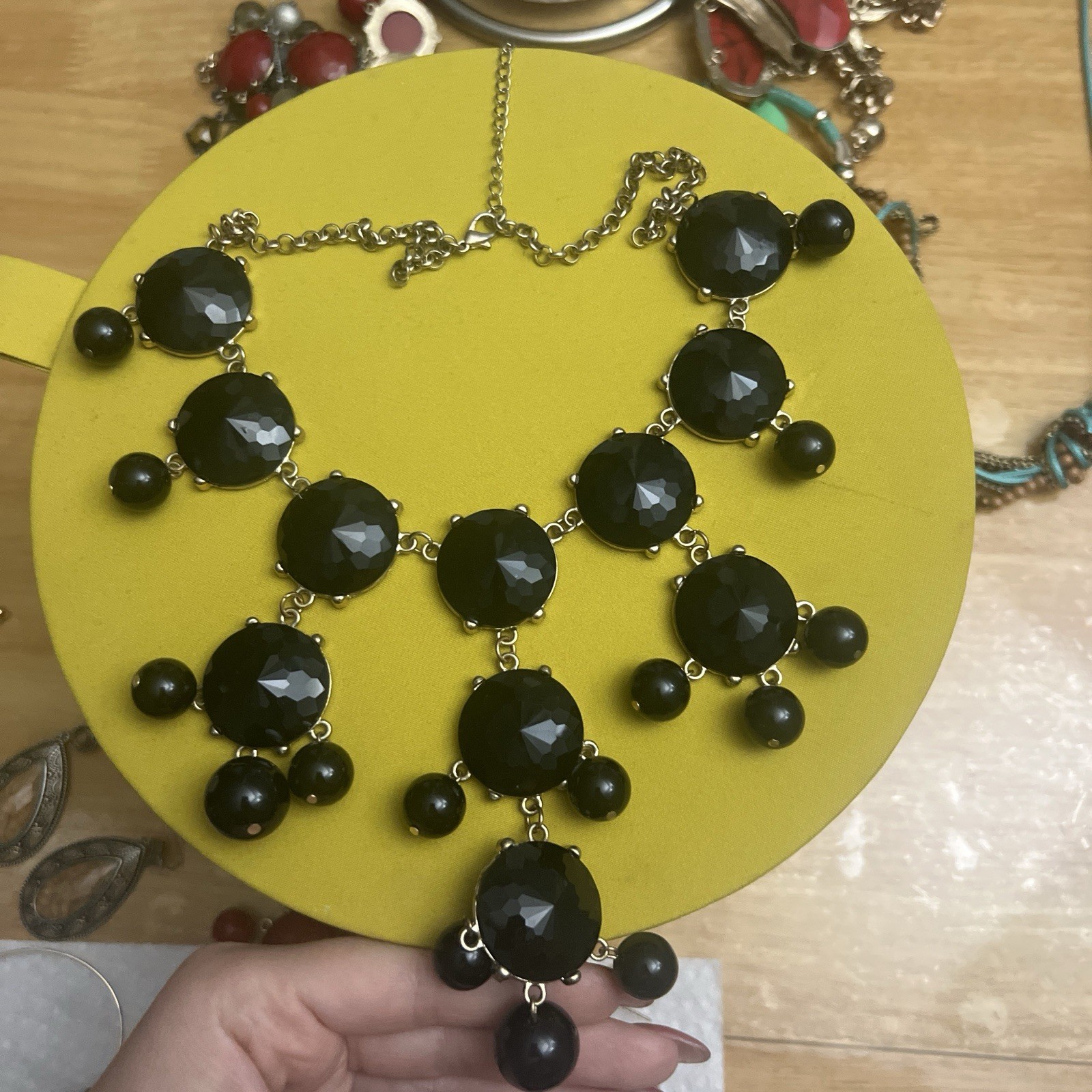 Mervis Black Beaded Statement Bib Necklace Round Faceted Beads Dangle Drops