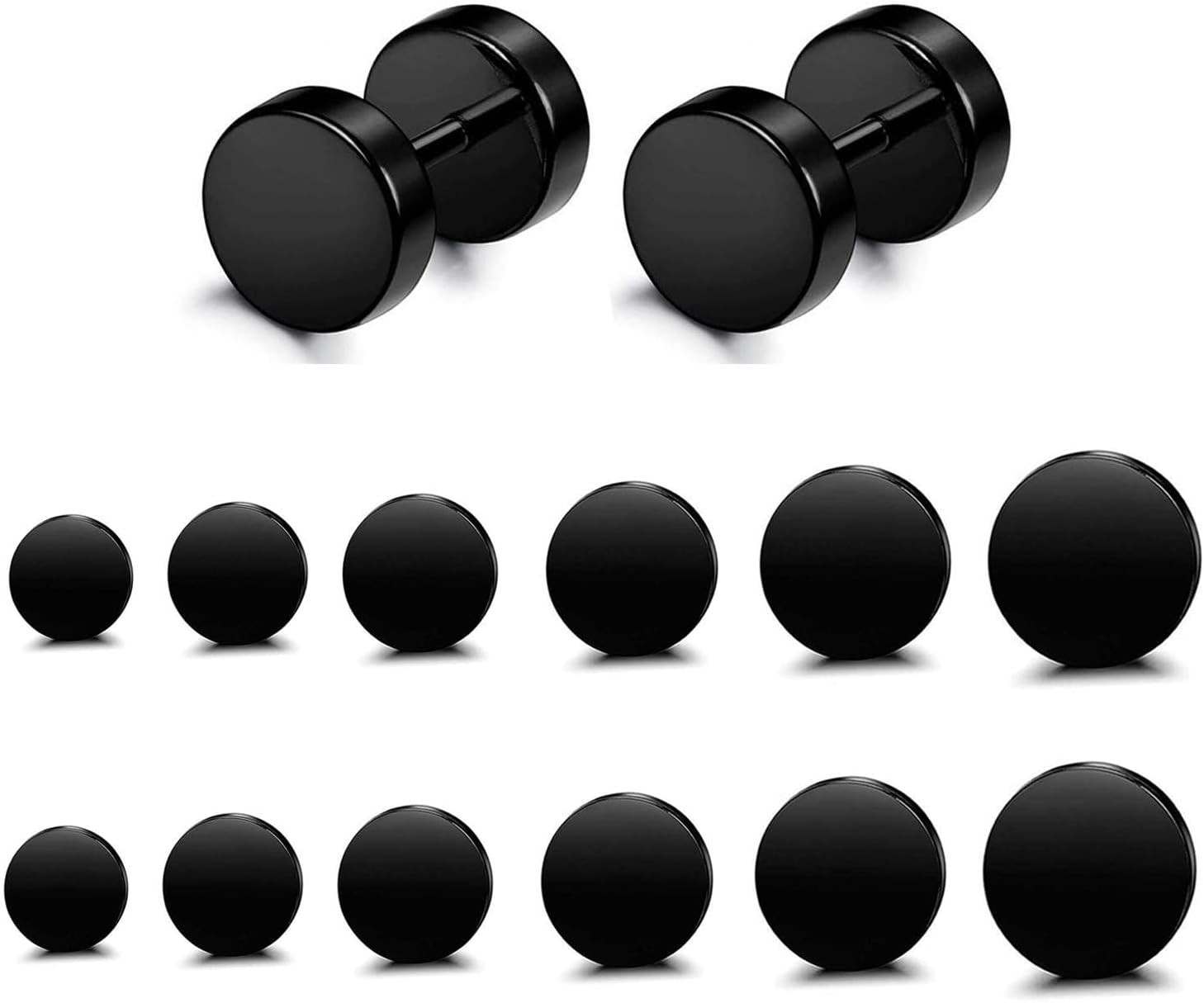 6 Pairs Stainless Steel Black Stud Earrings for Men Women Faux Gauges Ear Tunnel