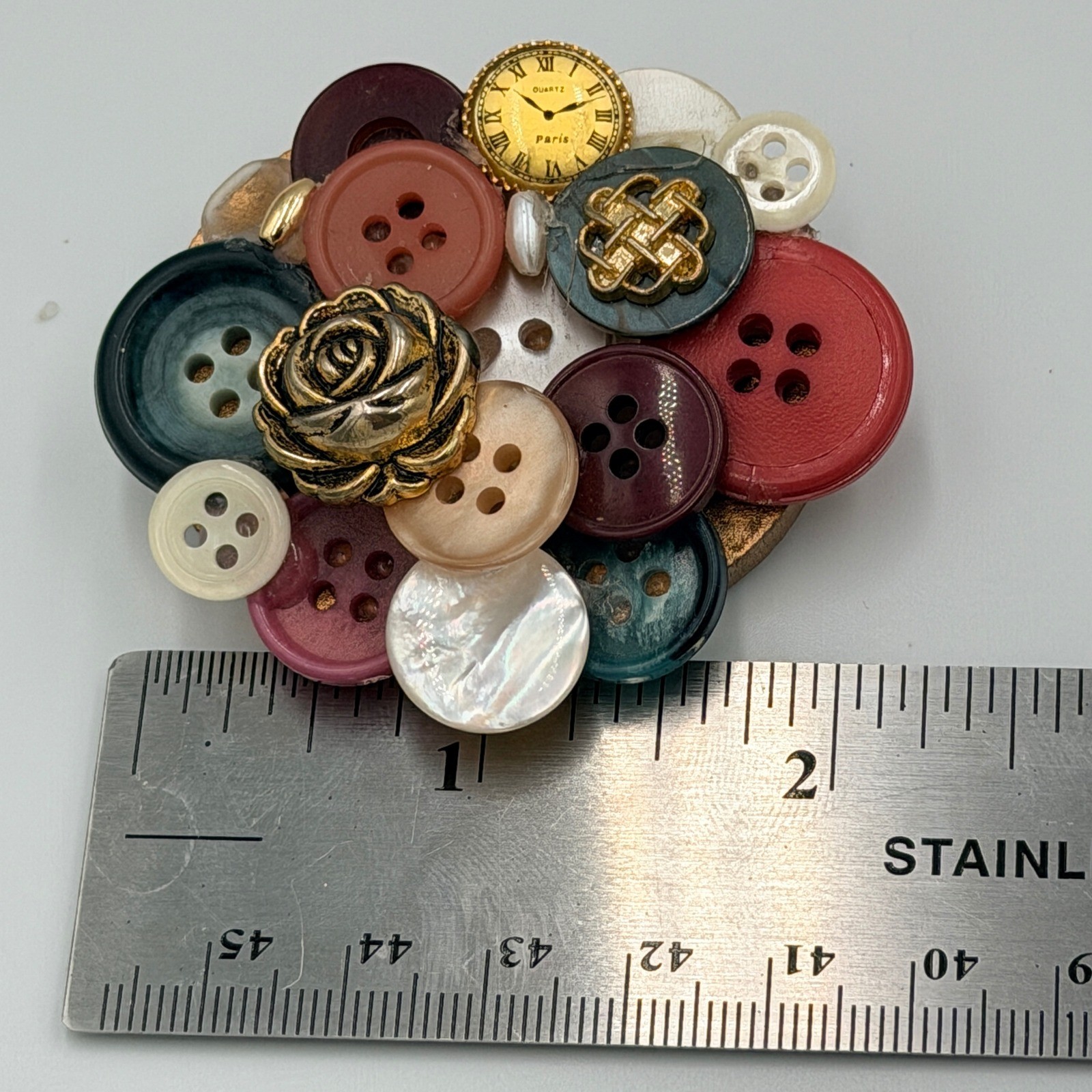 Unique Vintage Button Brooch with Clock and Rose Charm for Women Grannycore