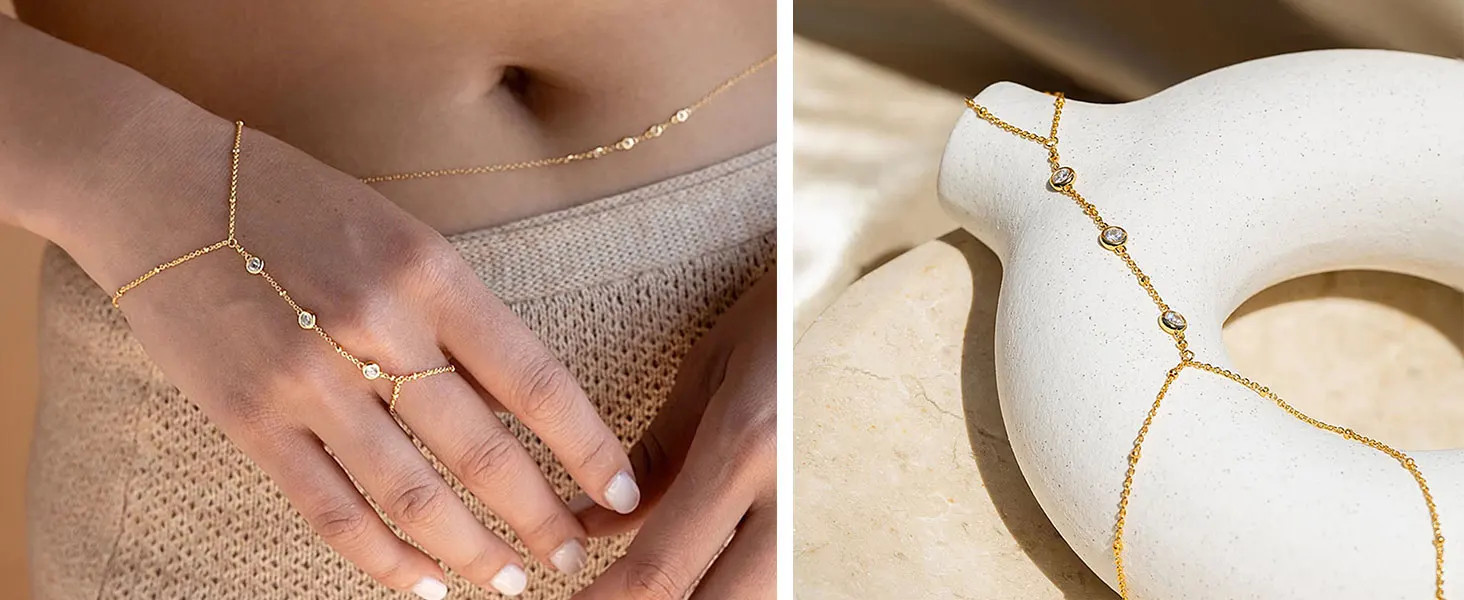 Hand Chain Bracelet with Ring Zircon Adjustable 14K Gold Plated Dainty Women