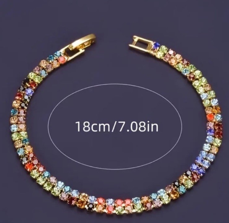 Multicolor Tennis Bracelet Round Stones Prong Gold Tone Box Closure 18cm
