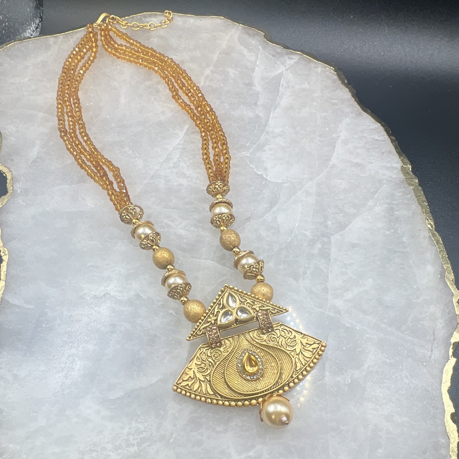 Gold Tone Multi-Strand Beaded Necklace, Fan Pendant, Simulated Pearl, Crystal