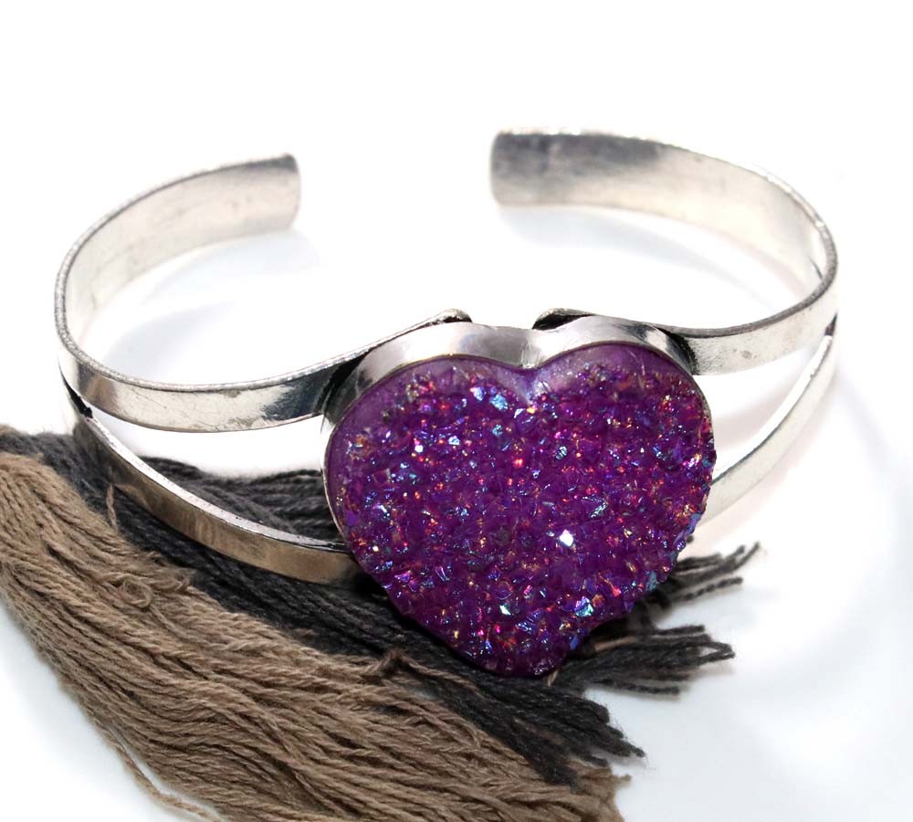 925 Silver Plated Huge Heart Purple Titanium Druzy Bangle FreeSize Trendy GW