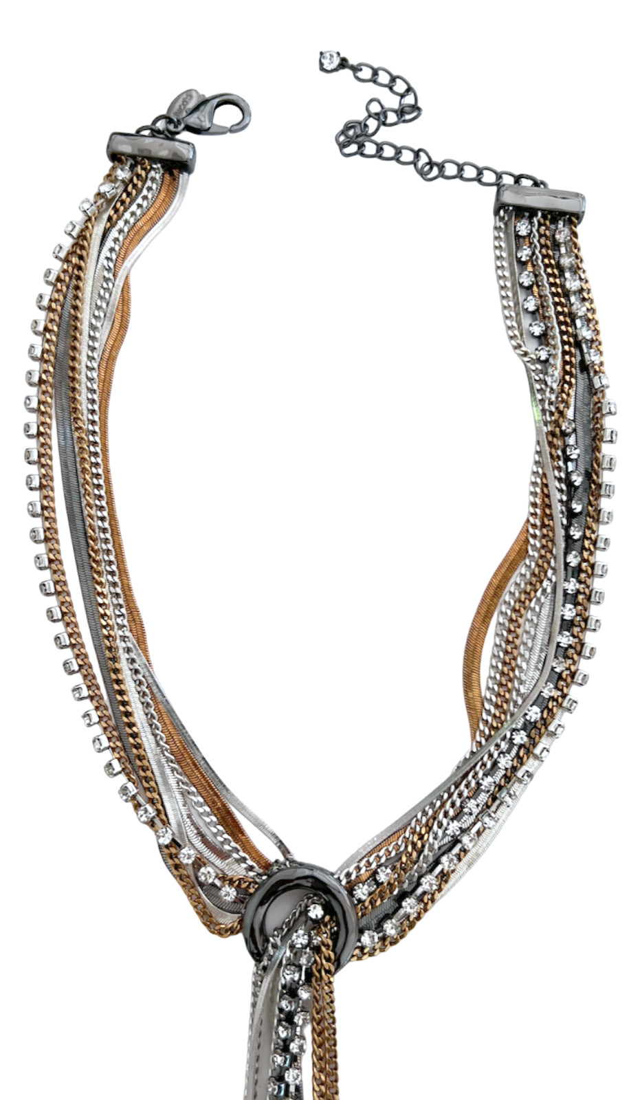 CHICO’S MIXED METAL MULTI STRAND GOLD SILVER TONE GEM STRANDS Y NECKLACE BOHO