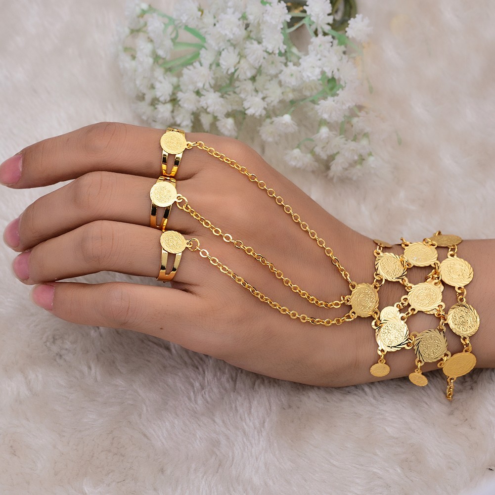 Gold Tone Middle Eastern Coin Charm Bracelet Arab Style Bangle for Women Gift