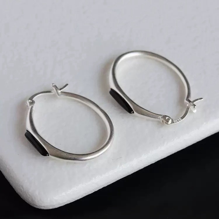925 Silver Vintage Black Onyx Oval Hoop Earrings Minimalist Hoops for women 478