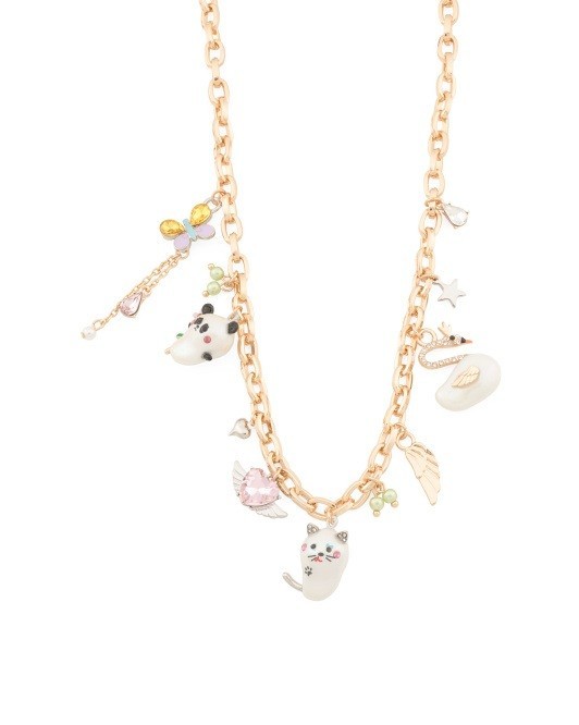 BETSEY JOHNSON Authentic Pearl Critters Charm Cat Bear Frontal Necklace New