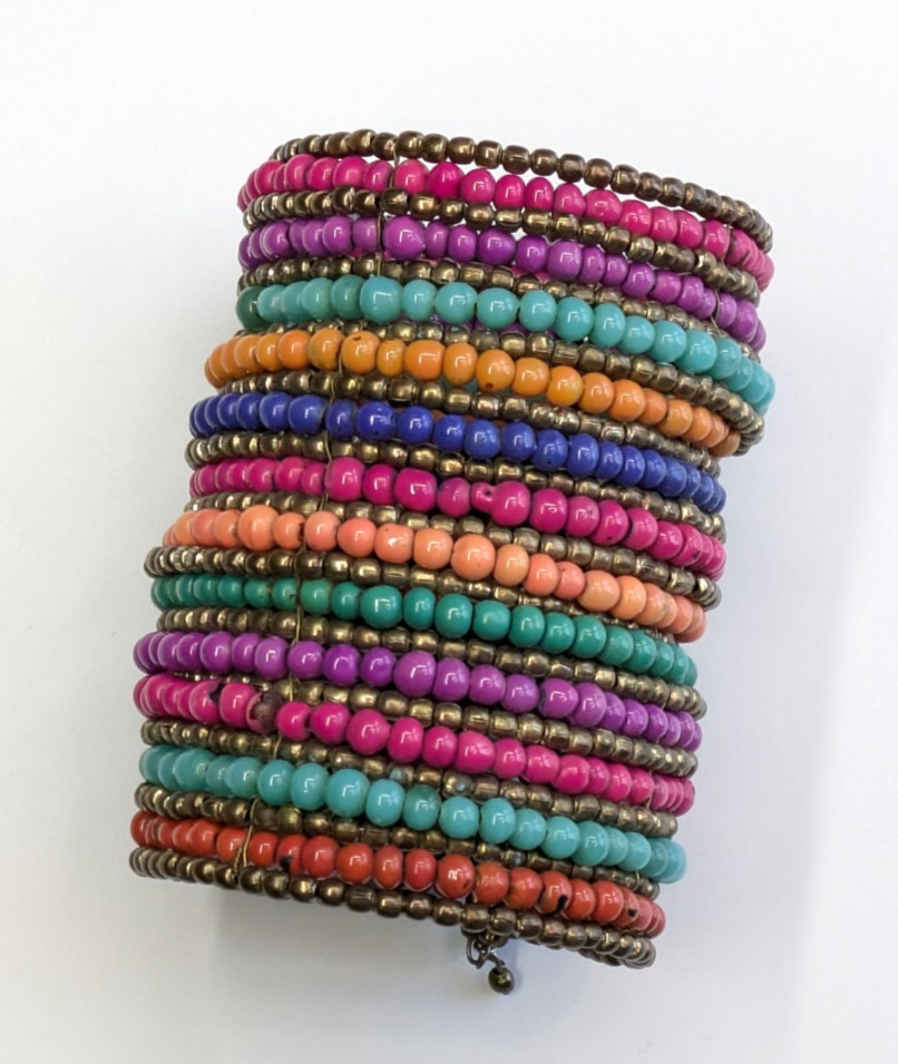 Huge 3.5″ Wide Multicolor Glass Beaded Brass Statement Bracelet Bohemian Tribal