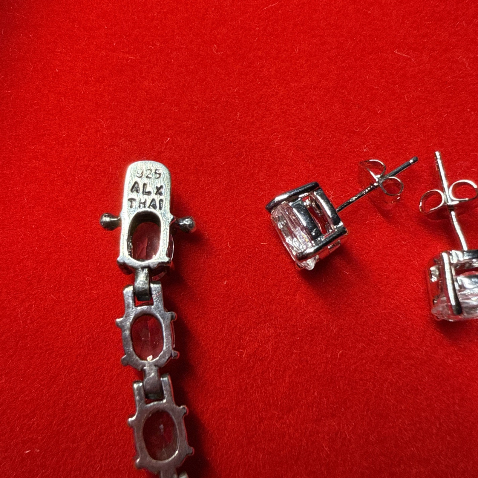 Vintage pair of sterling silver cz Pierced Stud earrings With 7.5” Bracelet