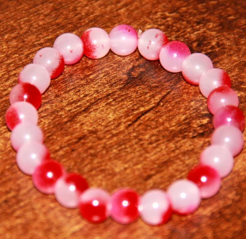 Milky White, Pink, & Red Round Glass Bead Stretch Bracelet Womens Gift New
