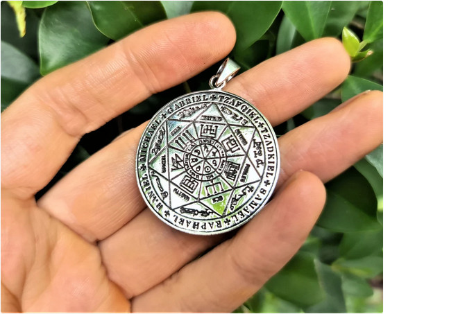 ARCHANGELS SEVEN SEAL ANGEL Large Round Pendant on 925 Sterling Silver 24″ chain