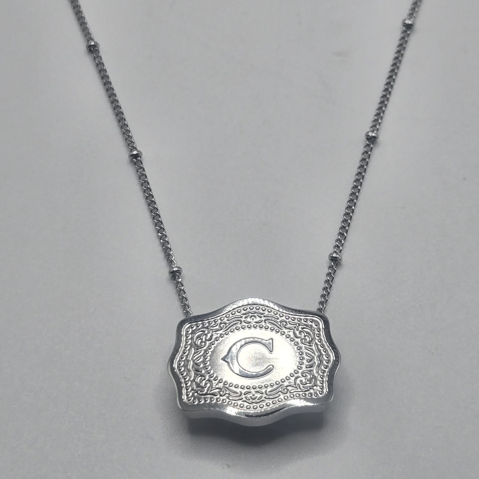 MINI BELT BUCKLE INITIAL LETTER C Pendant Charm STAINLESS STEEL CHAIN NECKLACE
