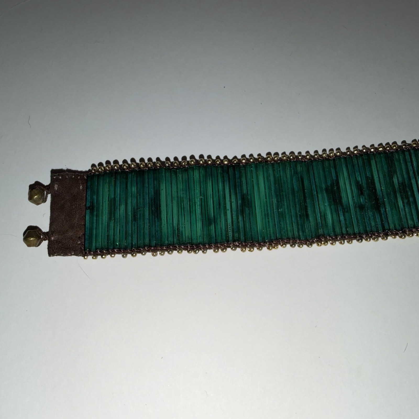 Green Bugle Bead Wide Cuff Bracelet Brown Suede Boho Tribal Adjustable Tie