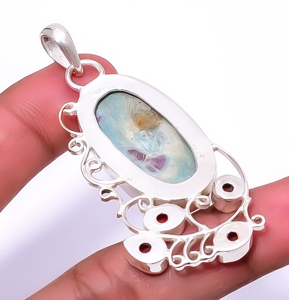 Ruby In Fuschite – India & Garnet Simulated 925 Silver Pendant 2.54″ P1550-14