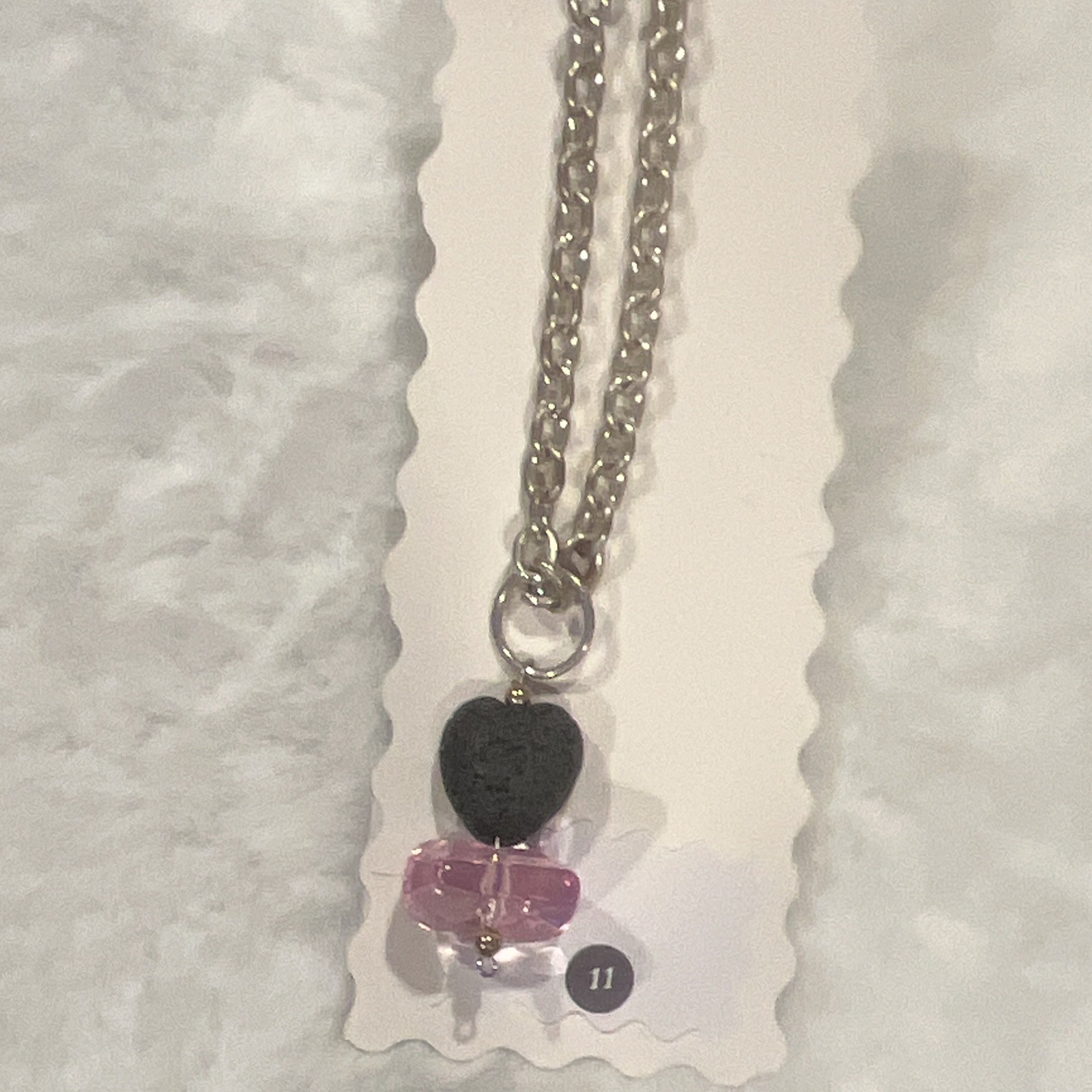 Silver Tone Cable Chain Rearview mirror Necklace lava heart