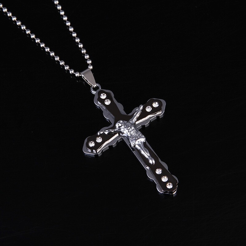 Crucifix Jesus, Cross Christan Necklace – Black – Catholic
