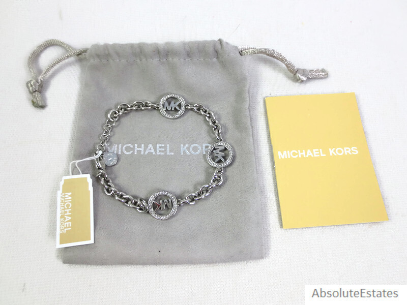 NEW $135 Michael Kors Silver Pave Crystal Fulton Chain Logo Bracelet MKJ4730040