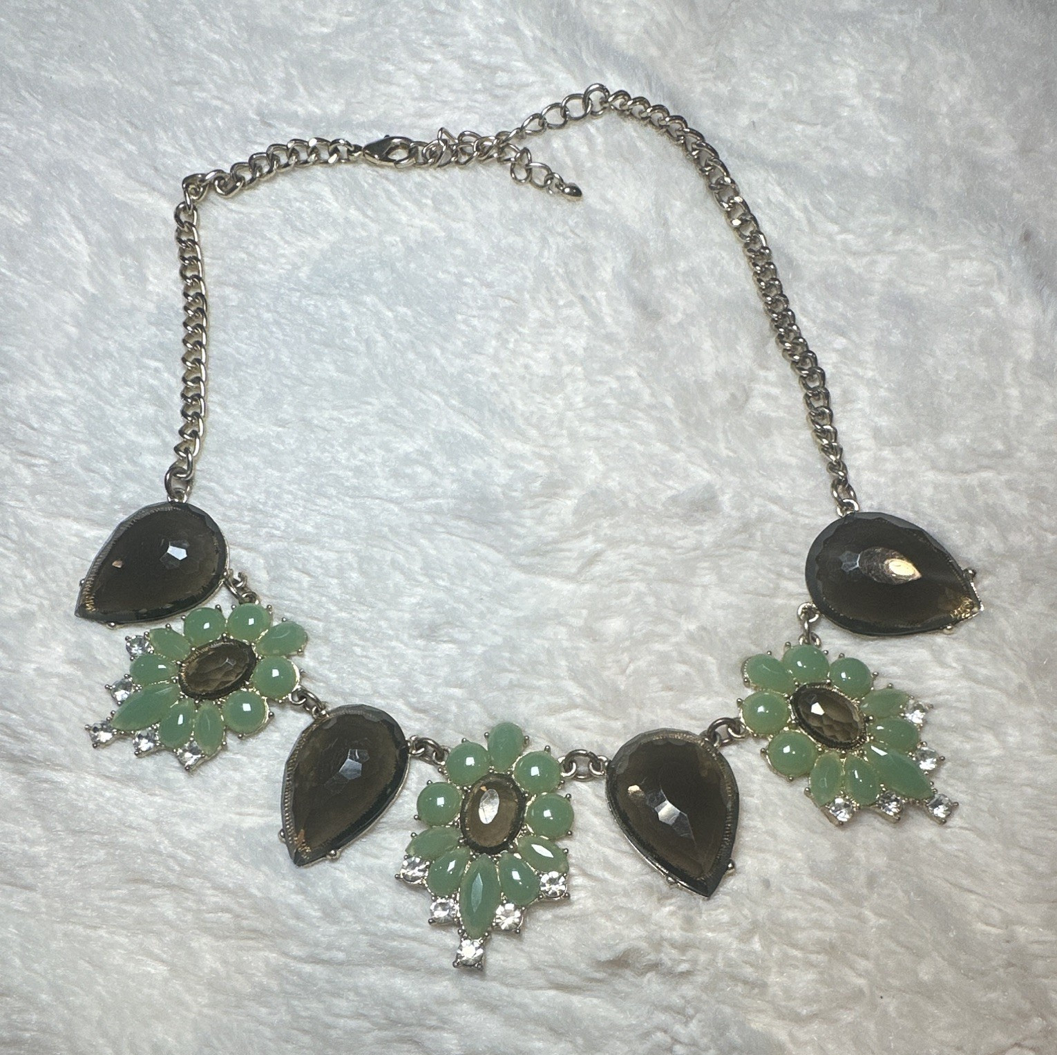 Brown and Sage Green Bib Collar Necklace Brow Teardrop Green Flower