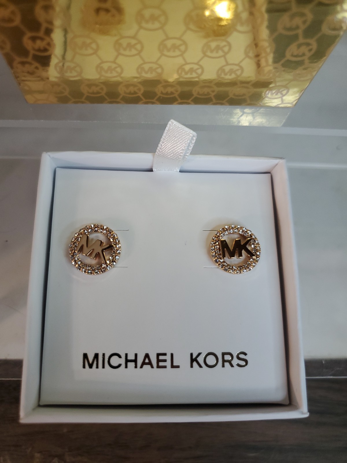 NWT Michael Kors Gold-Tone Logo Pave Stud Earrings MKJX7324921