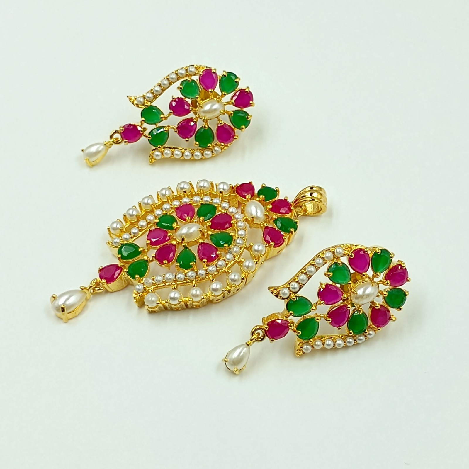 South Indian Ruby Emerald Pearl Pendant Set 22k Gold Plated Bridal Set
