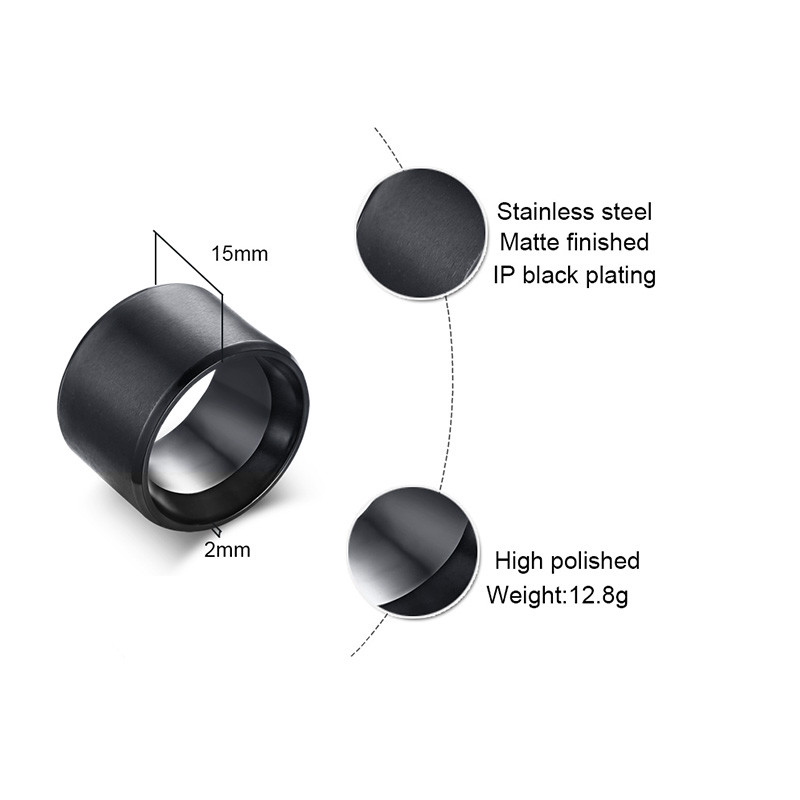 15mm Ultra Wide Black Men Wedding Ring Matte Band Loop Stainless Steel Jewelry