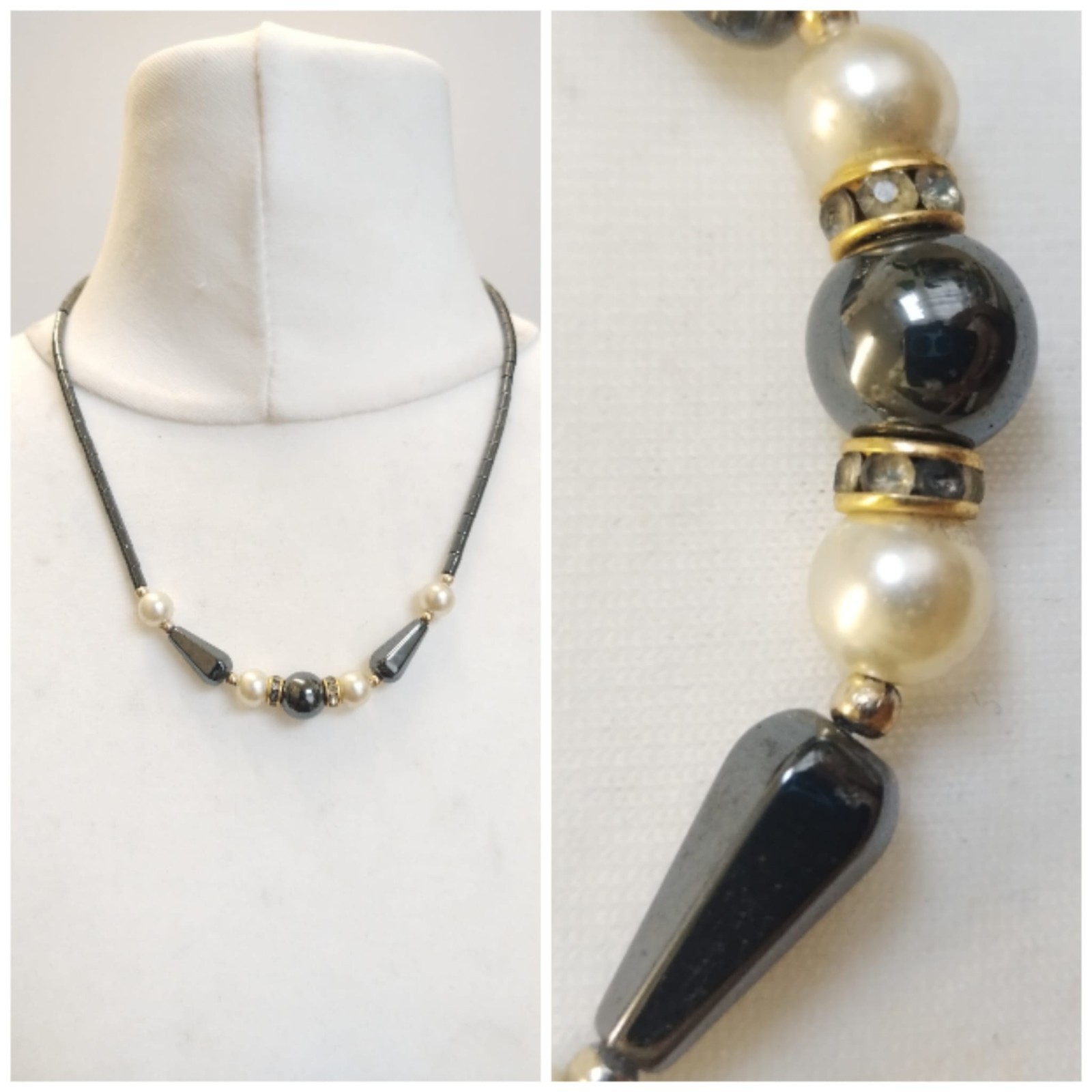 Dark Grey Magnetic Hematite Mixed Shapes Faux Pearl, Rhinestone Beaded Necklace