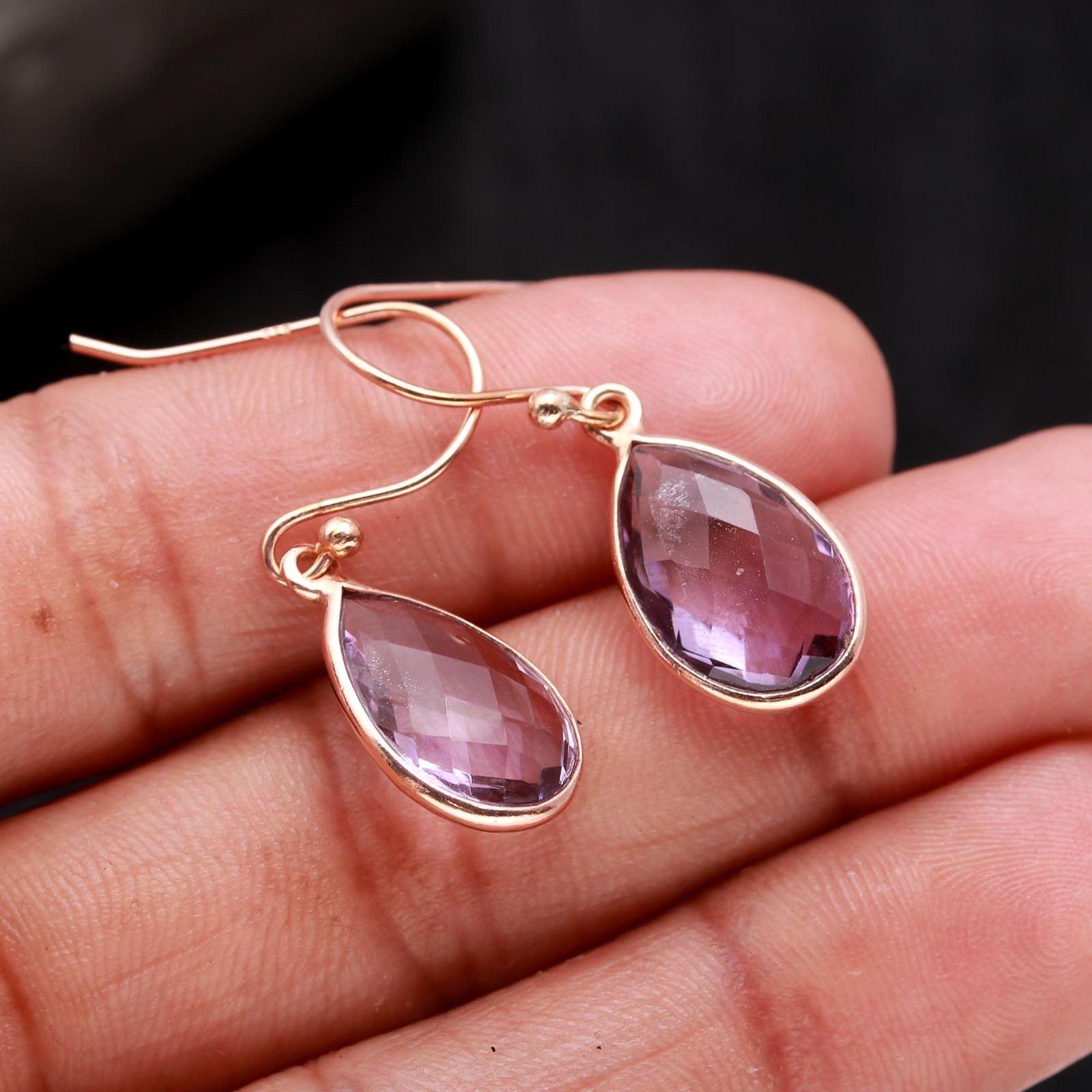 Natural Pink Amethyst Pear Dangle Earrings Rose Gold Plated Solid Silver Jewelry