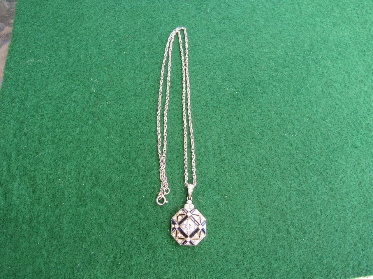 Sapphire & White CZ Sterling Silver Pendant & Chain – 5.8 Grams