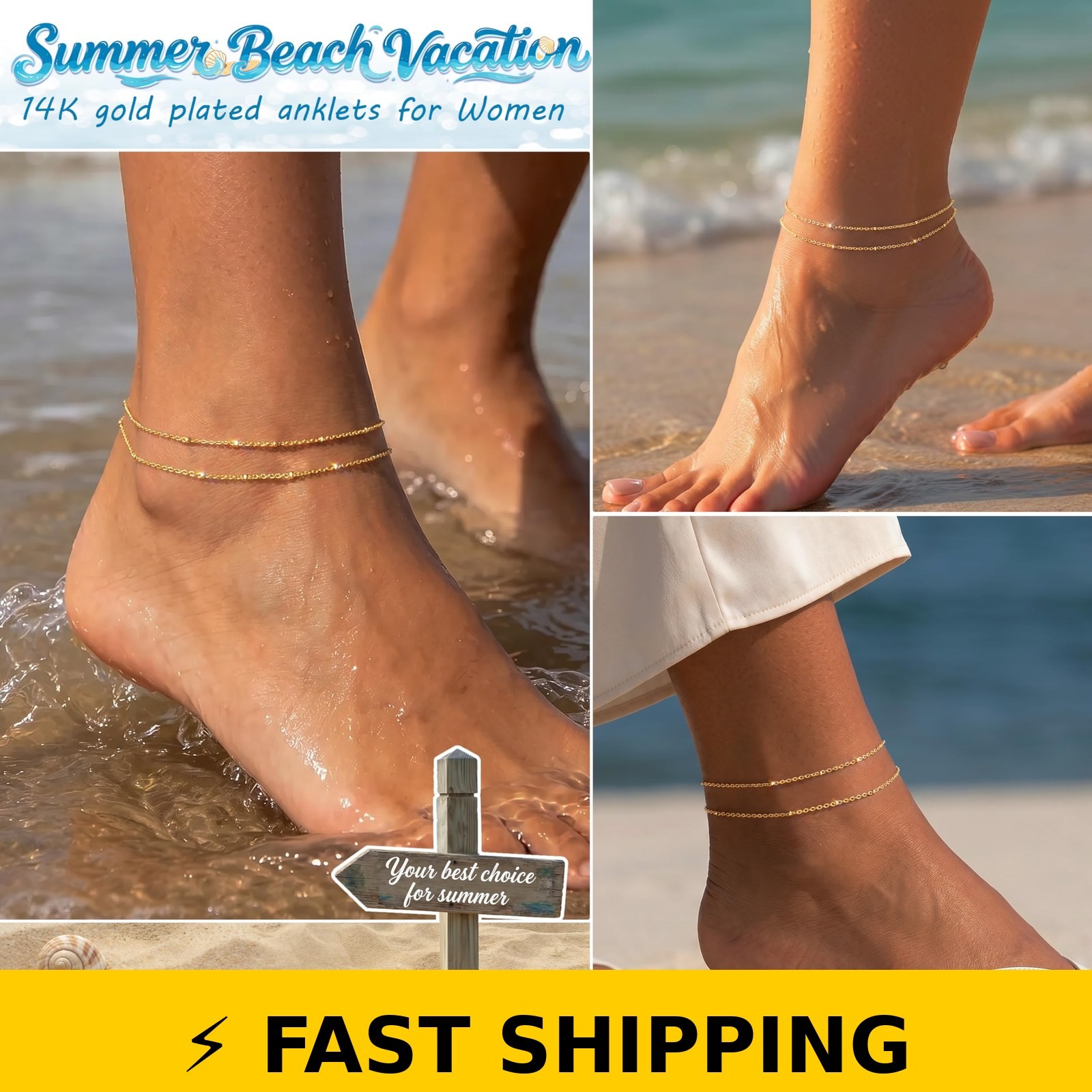 DEARMAY Gold Anklets for Women, 14K Plated, Adjustable, Gift Boxed