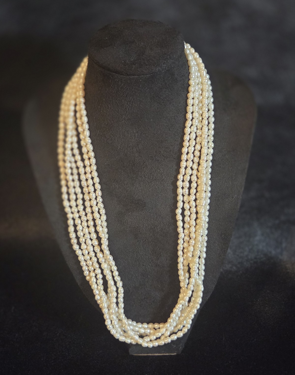 Vintage 6-Strand Seed Pearl Necklace with Gold Tone Pearl Clasp, 19″