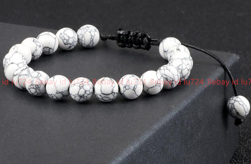 Natural 6/8/10/12mm White Turquoise Round Gemstone Beads Adjustable Bracelet7.5″