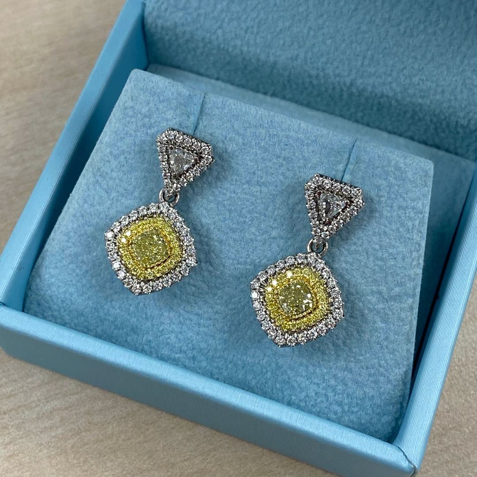 Drop Dangle Earrings 1.62 TCW Cushion Trillion Yellow Diamond 14k White Gold