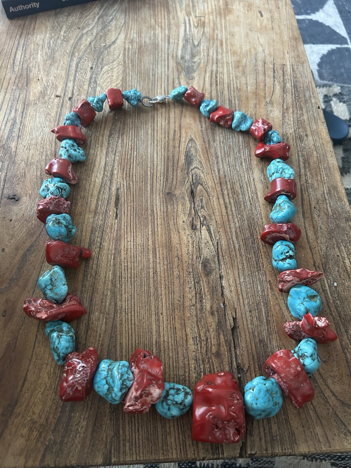 Turquoise & Coral Nugget Stone Beaded Statement Necklace, Lobster Closure