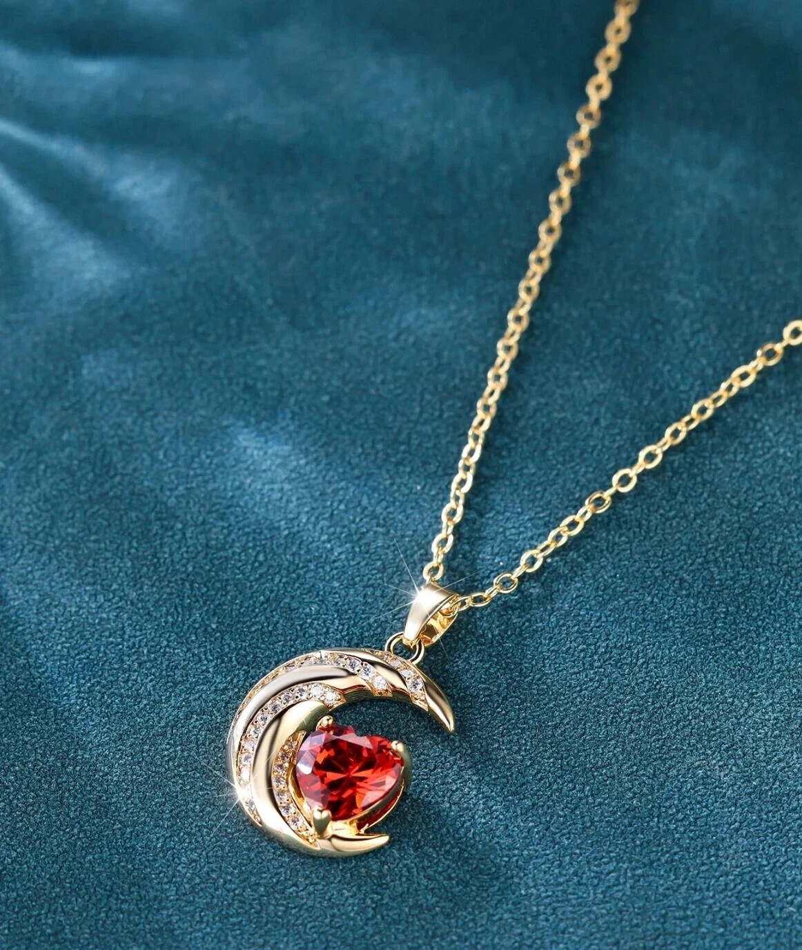 3 Ct Heart Cut Simulated Red Garnet Moon Heart Pendant In 14k Yellow Gold Plated
