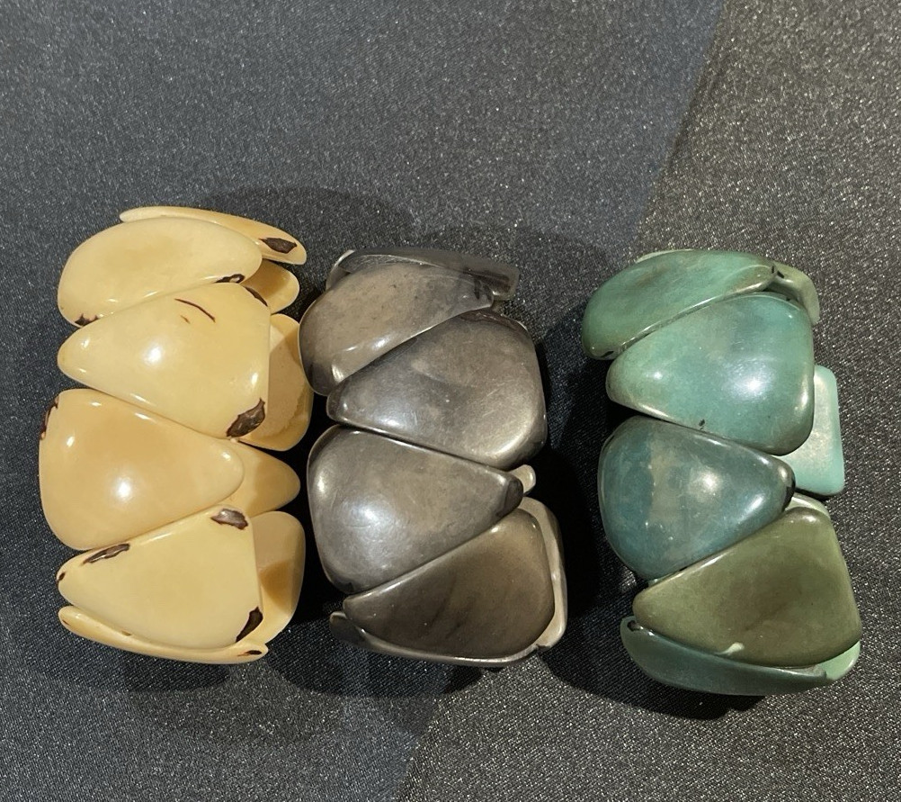 Tagua Nut Carved Chunky Stretch Slip-On Bracelets Set of 3 Multicolor