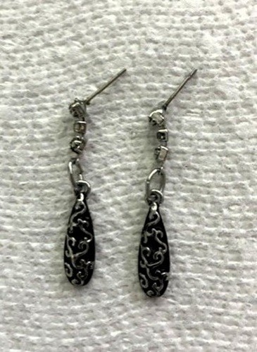 Black & Silver with 3 Rhinestones drop Earrings – Approx 1.5 inch long