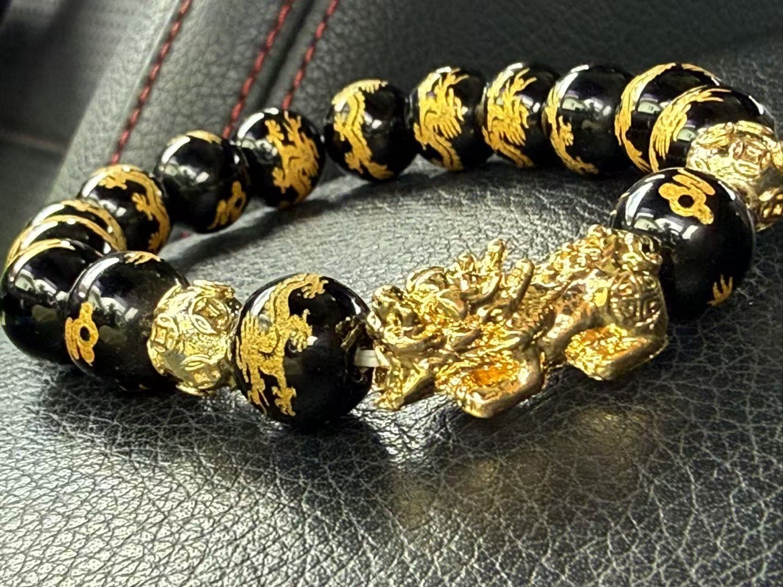 Feng Shui Genuine Obsidian Stone Beads Bracelet Gold Black Pi Xiu