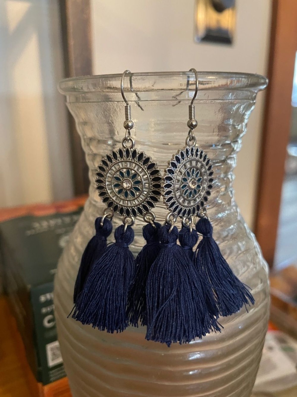 Boho Navy Tassel Drop Earrings with Silver Medallions