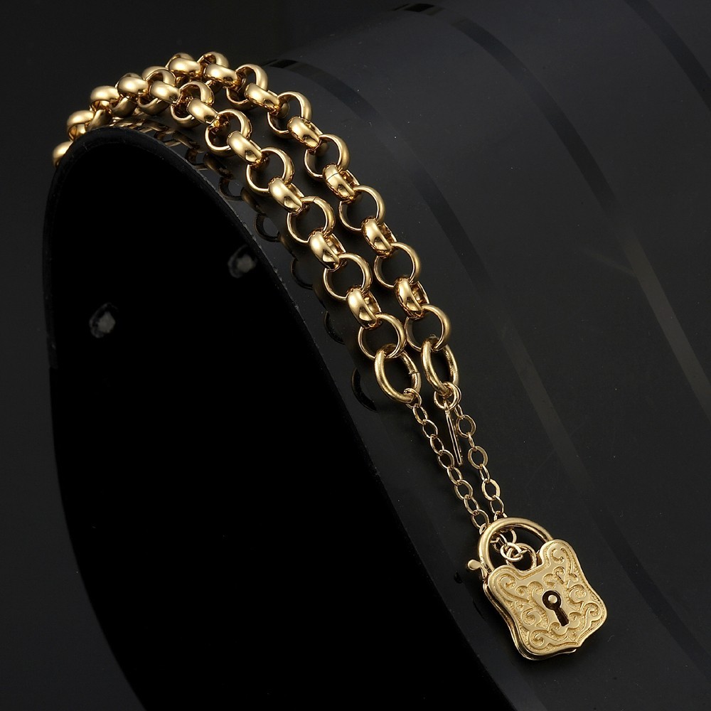18K GL Solid Belcher Yellow Gold Bracelet & Antique Keyhole Padlock