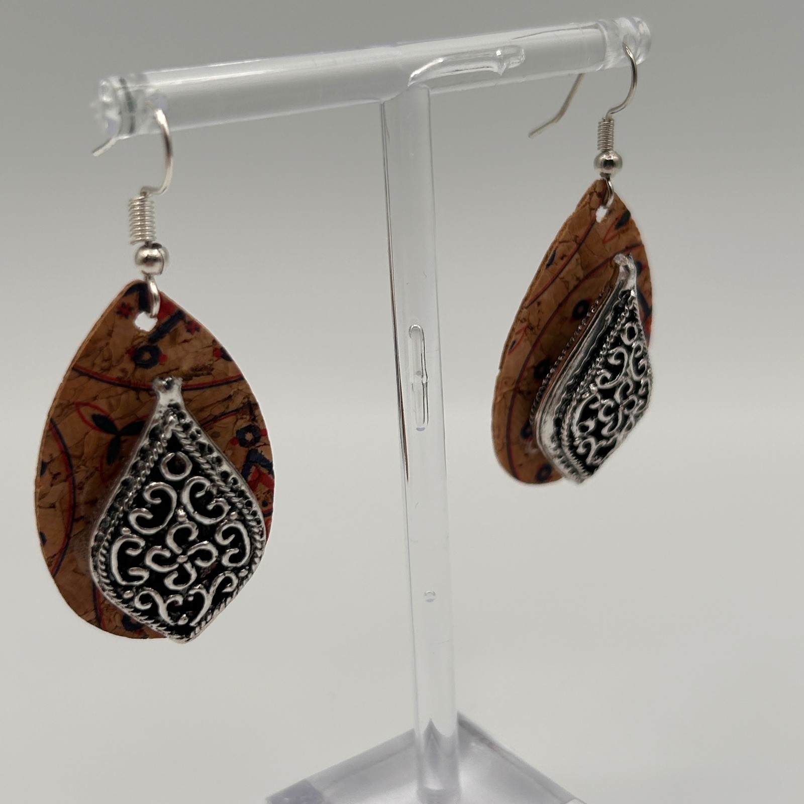 Boho Cork Teardrop Earrings Silver Filigree Layered Patterned Wood Dangle 1.75″