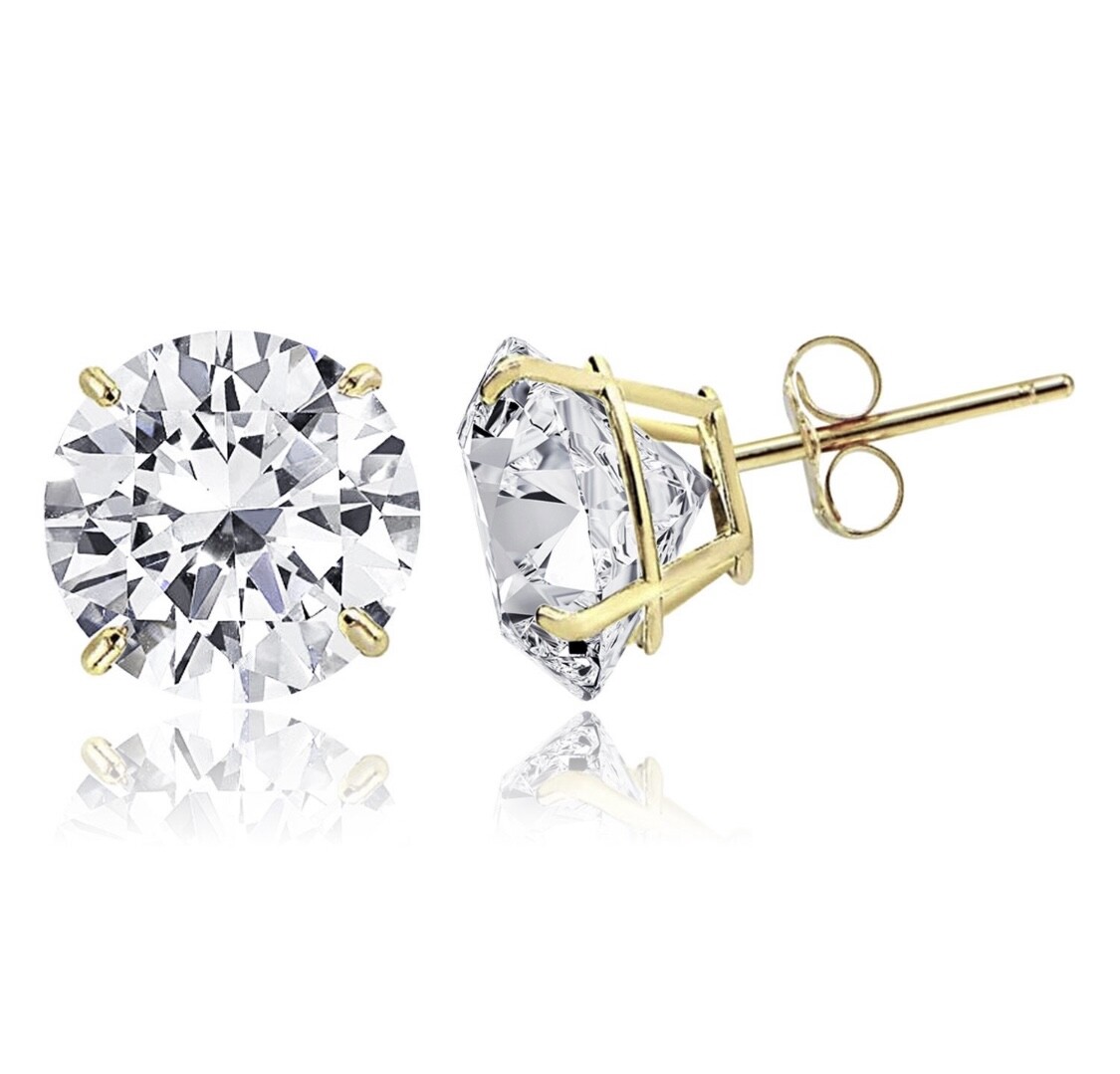 14K Yellow Gold LARGE 8MM Round Cubic Zirconia Studs Earrings Unisex