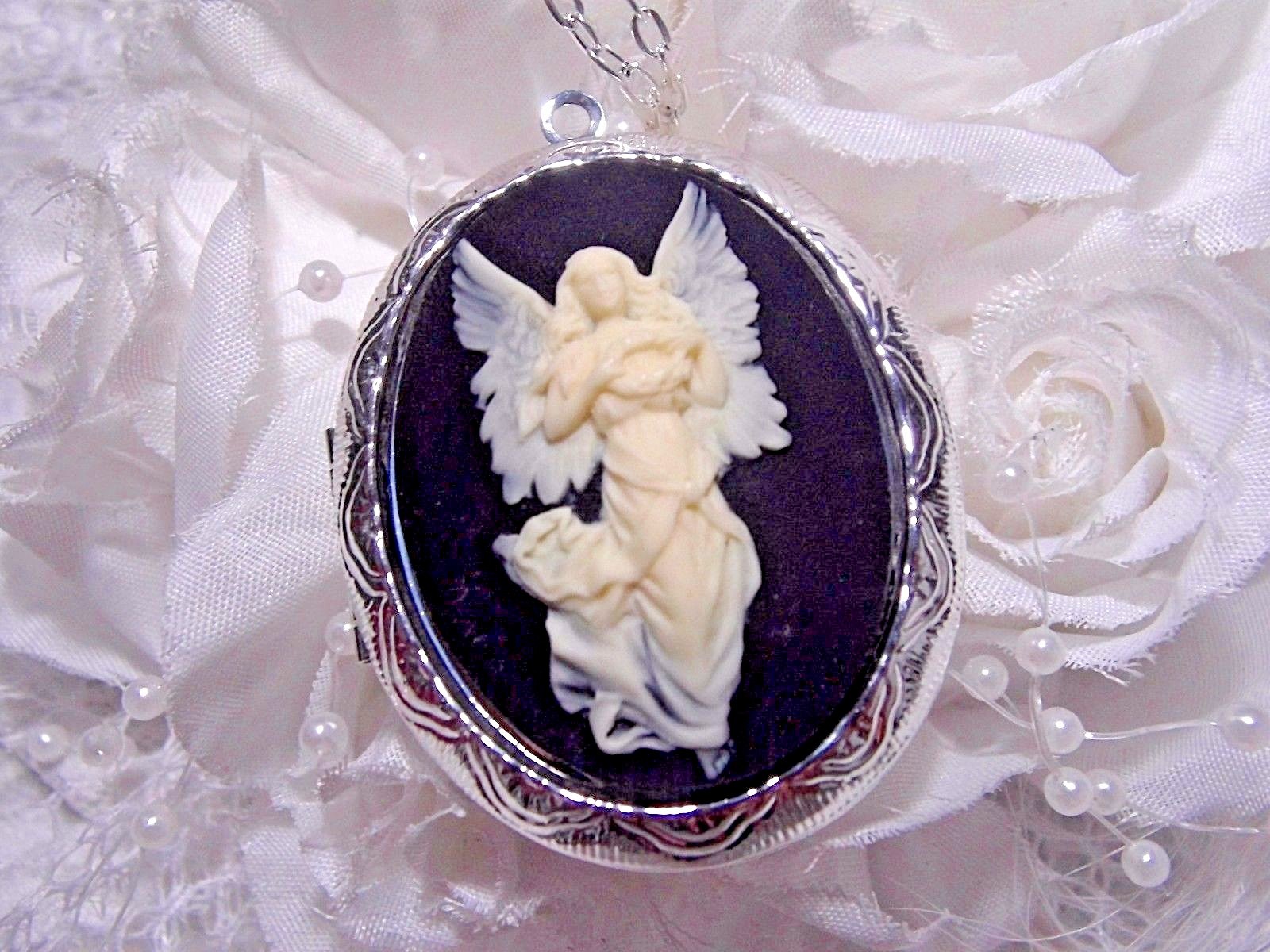 GUARDIAN ANGEL Cameo PHOTO SILVER Box Necklace Locket PILL BOX CHURCH KEEPSAKE
