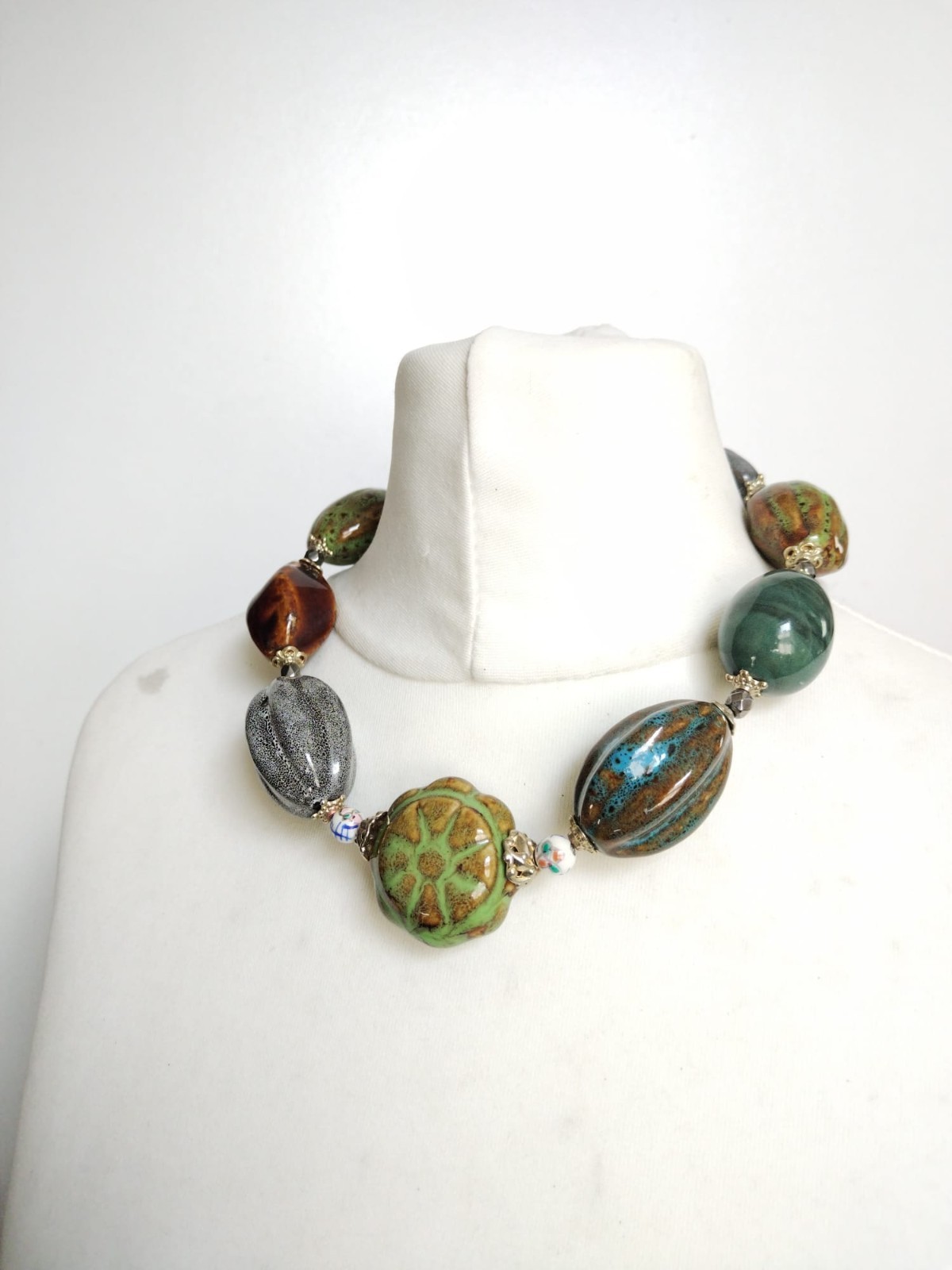 Chunky Glazed Ceramic Mixed Shapes Beaded Statement Necklace, blue green brown