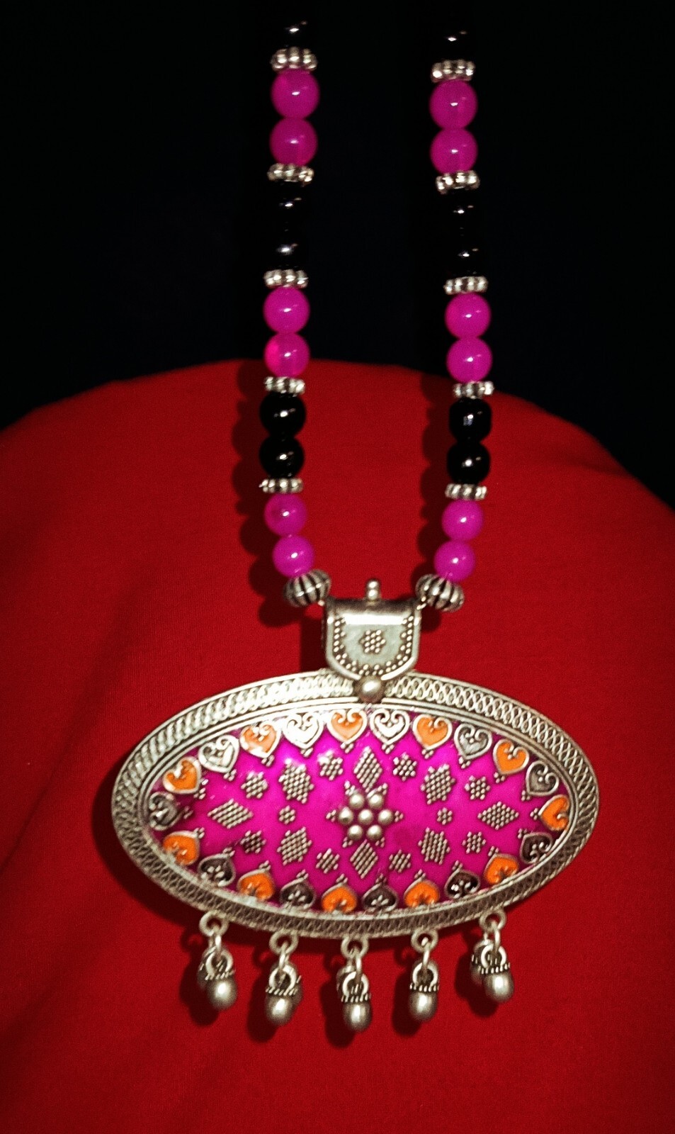 Black /Pink Beads single strand Pink Navratri jewelry Oxidized Silver Necklace
