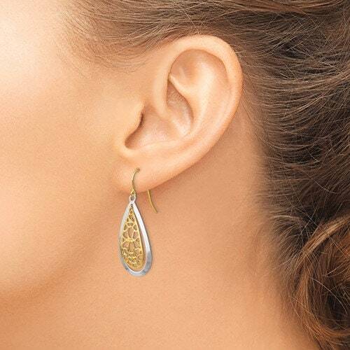 14k Two Tone Gold Filigree Teardrop Dangle Hook Earrings – 38x15mm – Art Deco