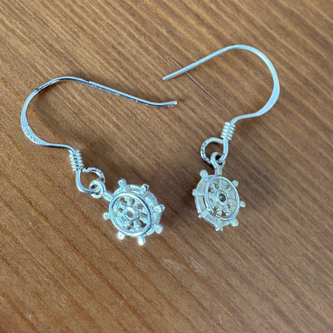 Sterling Silver 925 Mini Nautical Ship Wheel Helm Drop Dangle Earrings