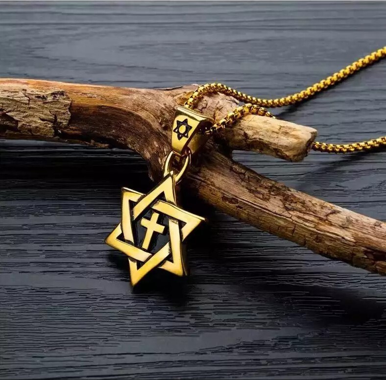 Gold Jewish Star of David with Cross Necklace