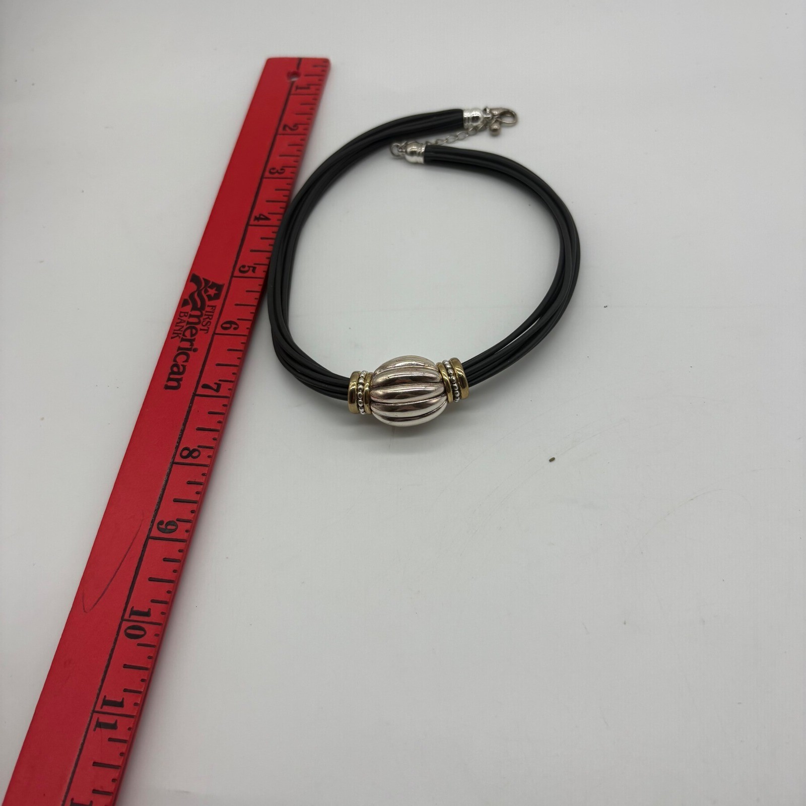 Multi Strand Black Cord Necklace Ribbed Silver Tone Bead Gold Accents